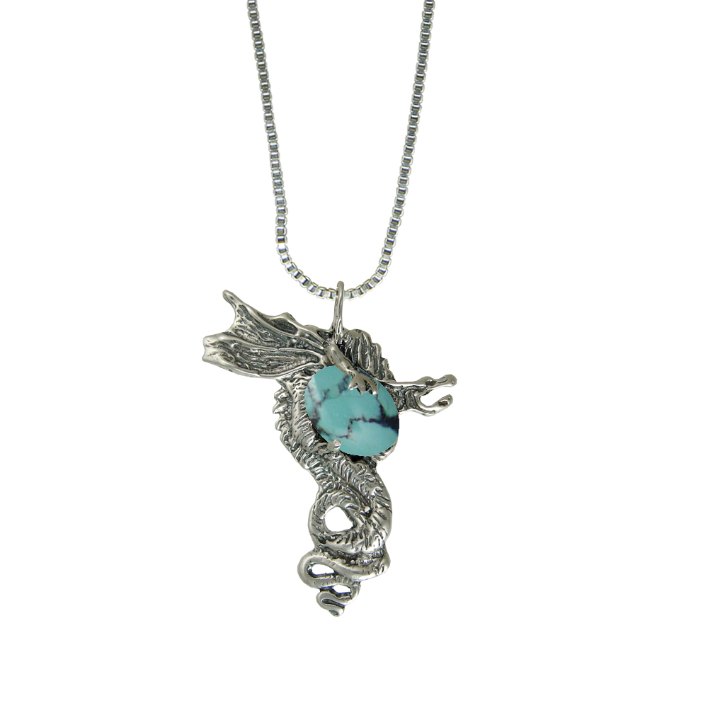 Sterling Silver Warrior Dragon Pendant With Chinese Turquoise